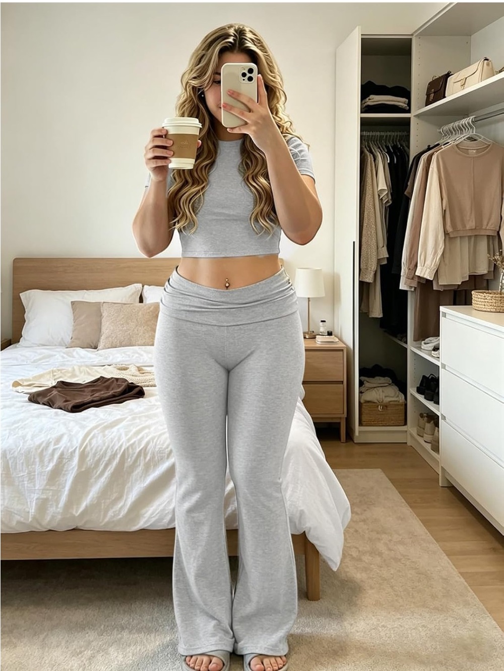 Grey Two-Piece Lounge Set - Crop Top & Flare Pants Large